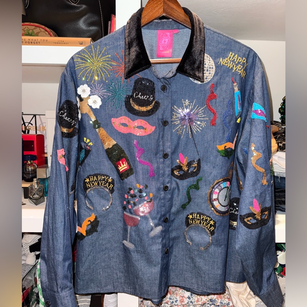 Queen of sparkles Festive Embroidered Denim Jacket
